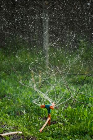 Rotating irrigation system throwing water drops awayの写真素材