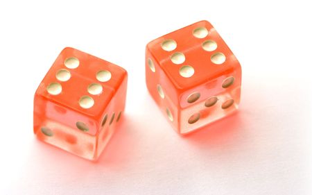 Transparent red dices on white, showing six - sixの写真素材