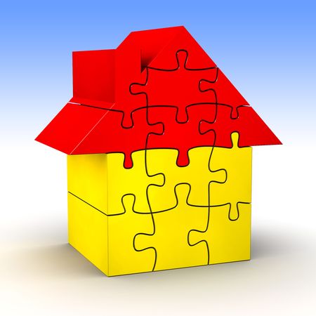 Simple house made of jigsaw puzzle [high res. 3d render]の写真素材
