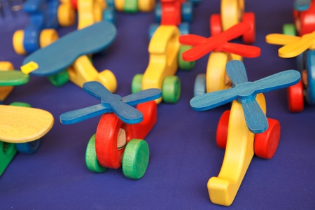 Colorful wooden toys on blue fabricの写真素材