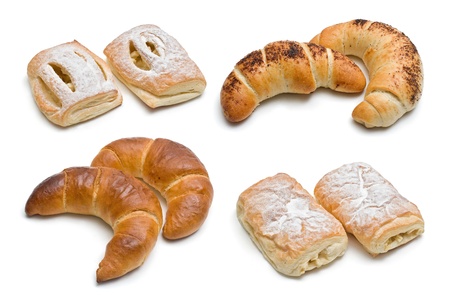 Assorted sweet and salty bakery products on whiteの写真素材