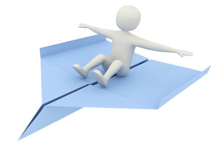 3d man flying on blue paper airplane. Freedom, travel or balancing concept