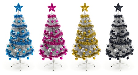Decorated silver christmas trees in cyan, magenta, yellow colorsの写真素材