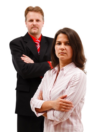 Adult man woman couple standing with folded armsの写真素材