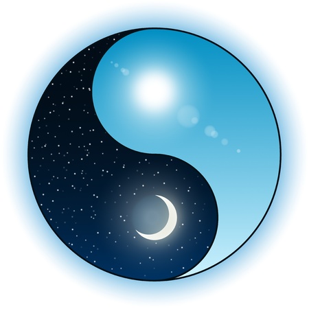 Illustration of sun and moon in a Yin Yang symbol. Night versus day oppositionのイラスト素材