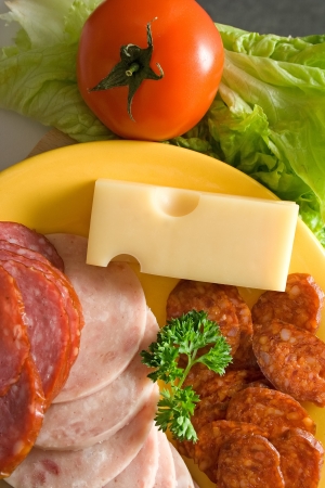 Top view of salami and sausage slices, cheese and vegetablesの写真素材