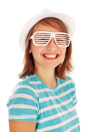 Cute teen girl wearing hat and extreme sunglassesの写真素材