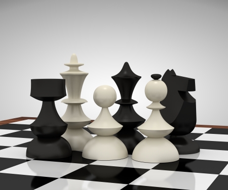 Chess pieces: rook, king, pawn, queen, bishop and knight on chessboard. 3d rendering.の写真素材