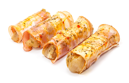 Bacon wrapped chicken breast marinated on spicy sauceの写真素材