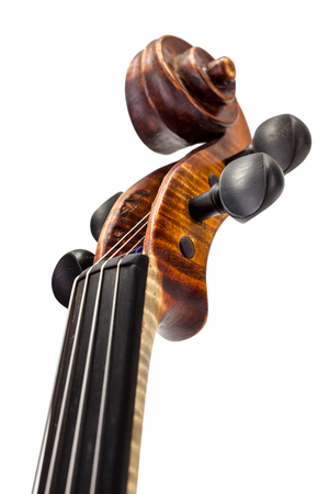 View of violin neck, pegbox and scroll. Isolated on whiteの写真素材