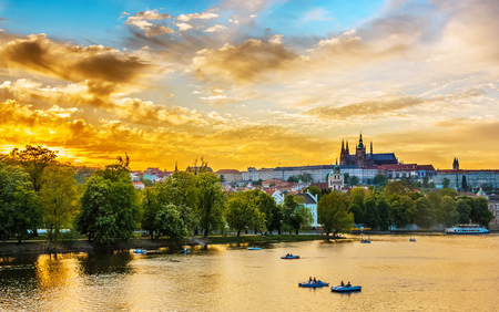 Vltava river in sunset with boats, Prague, Czech Republic, 2016の写真素材