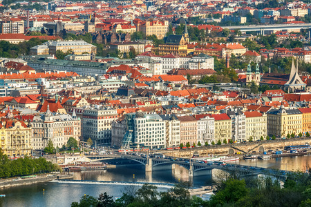 Cityscape with red roofs in Prague, Czech Republic, 2016の写真素材
