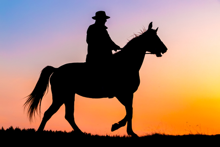 Silhouette of  horseback riding rider in the sunsetの写真素材