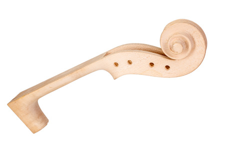 Violin neck and scroll isolated on white backgroundの写真素材