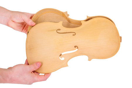 Luthier showing assemble moment of the violin back and bellyの写真素材