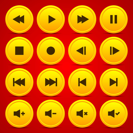 Gold media player audio video icon circle button on red backgroundのイラスト素材