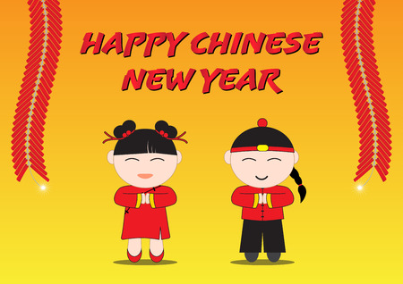 Happy Chinese New Year, Boy and Girl with Line of Crackerのイラスト素材