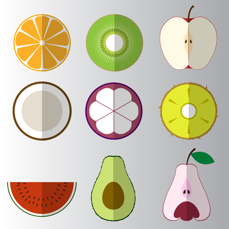 Illustration for Set of sliced cut fruit flat icon illustration. - Royalty Free Image