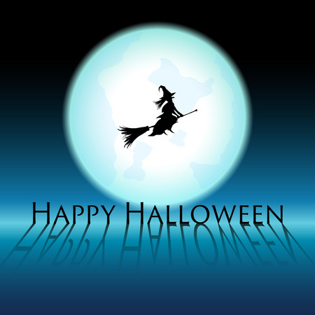silhouette the witch sit on broomstick fly through the Blue Moon with text Happy Halloween and shadowのイラスト素材