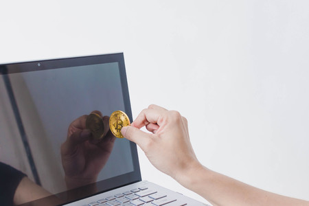 Bitcoin Paymant for Shopping Online in Notebook on White Backgroundの写真素材
