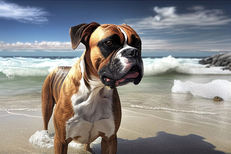 Boxer Pleasant Pet Playtime at the Sea Sand Sun Beach, A Dog Savoring the Simple Joys, Human best friends Taking in the Beauty of the Sea, Generative AIの写真素材