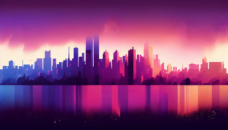 A gradient background that gradually fades from blue to purple. The foreground of the image is a city skyline, with various buildings and skyscrapers silhouetted against the gradient background.の写真素材