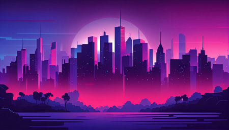 A gradient background that gradually fades from blue to purple. The foreground of the image is a city skyline, with various buildings and skyscrapers silhouetted against the gradient background.の写真素材