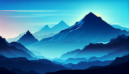 The foreground of the image is a black silhouette of a majestic mountain range, a gradient background that transitions from dark blue to light blue.の写真素材
