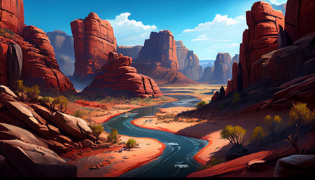 A canyon landscape with a river running through it, surrounded by striking red rock formations. The canyon walls rise up steeply on either side of the river, creating a narrow and dramatic passagewayの写真素材