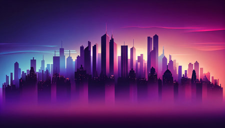 A gradient background that gradually fades from blue to purple. The foreground of the image is a city skyline, with various buildings and skyscrapers silhouetted against the gradient background.の写真素材