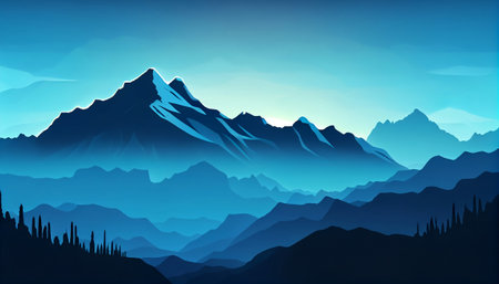 The foreground of the image is a black silhouette of a majestic mountain range, a gradient background that transitions from dark blue to light blue.の写真素材