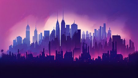A gradient background that gradually fades from blue to purple. The foreground of the image is a city skyline, with various buildings and skyscrapers silhouetted against the gradient background.の写真素材