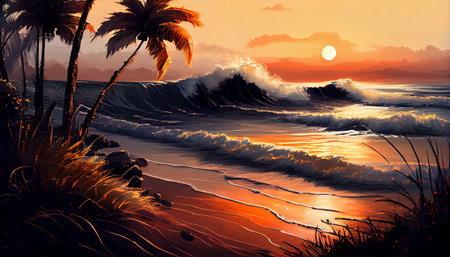 A tropical beach at sunset, with palm trees swaying in the breeze and the waves crashing onto the shore. The sky is painted in warm and vibrant colors, with shades of orange, pink, and purple.の写真素材