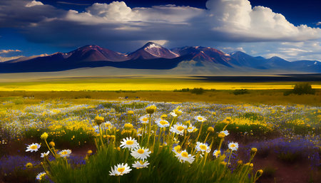 A beautiful field of wildflowerswith a variety of colors and textures a vibrant and dynamic scene. In the distance, a majestic mountain range rises up into the sky filled with fluffy white clouds.の写真素材