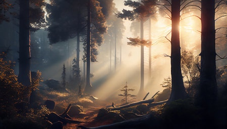 A peaceful forest scene in the early morning, with mist rising and sunlight filtering through the branches. The trees are tall and slender, with green leaves and trunks that disappear into the mist.の写真素材