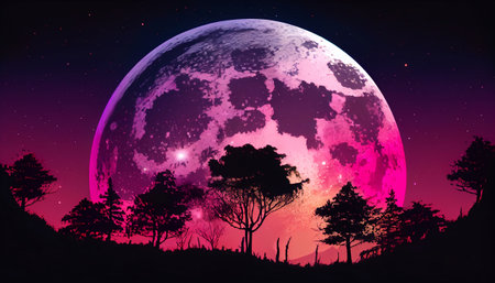 A gradient background that fades from a deep shade of purple to a light shade of pink. In the foreground, there is a large, full moon that dominates the image.の写真素材