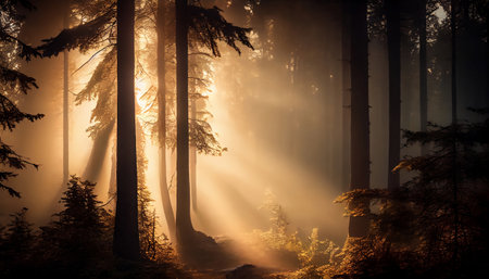 A peaceful forest scene in the early morning, with mist rising and sunlight filtering through the branches. The trees are tall and slender, with green leaves and trunks that disappear into the mist.の写真素材
