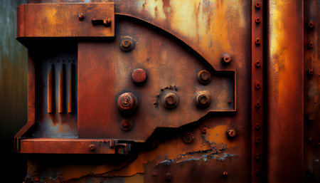 A metallic texture with rust and decay, creating an industrial and grungy feel. The rust is textured and detailed, with varying shades of orange and brown. The metal itself has a rough, aged lookの写真素材