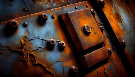 A metallic texture with rust and decay, creating an industrial and grungy feel. The rust is textured and detailed, with varying shades of orange and brown. The metal itself has a rough, aged lookの写真素材