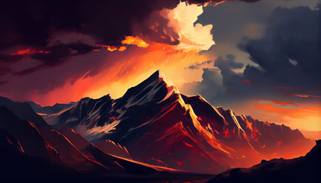 The image features a stunning mountain range at sunset, with jagged peaks rising up into a sky filled with dramatic clouds. The sky colors are warm and vibrant, with shades of orange, red, and purpleの写真素材