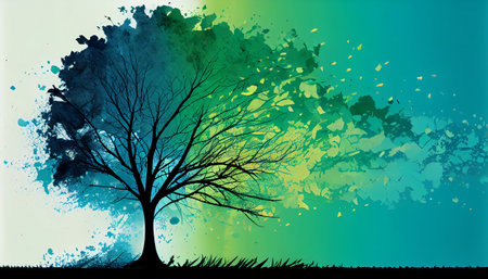 A gradient background that transitions from green to blue. The foreground of the image shows a tall tree with a lush green canopy, set against the gradient background.の写真素材