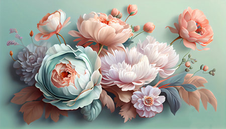 This is a beautiful digital wallpaper with a pastel color scheme featuring a bunch of flowers in a floral print, while the floral pattern adds a touch of elegance and beauty.の写真素材