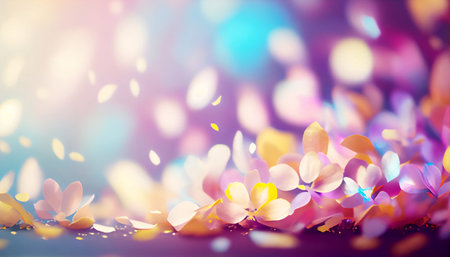 This image depicts a colorful carnival atmosphere, with many flower petals falling in front of a pastel background with bokeh (blurred lights) in the background.の写真素材