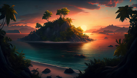 A stunning tropical island with lush greenery, surrounded by a calm and clear sea. In the background, a vibrant sunset fills the sky with shades of orange, pink, and purple.の写真素材