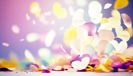 This image depicts a colorful carnival atmosphere, with many flower petals falling in front of a pastel background with bokeh (blurred lights) in the background.の写真素材