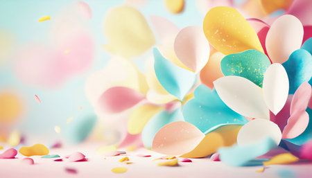 This image depicts a colorful carnival atmosphere, with many flower petals falling in front of a pastel background with bokeh (blurred lights) in the background.の写真素材