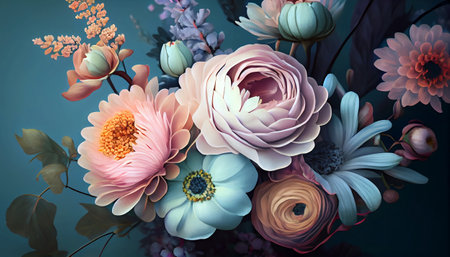 This is a beautiful digital wallpaper with a pastel color scheme featuring a bunch of flowers in a floral print, while the floral pattern adds a touch of elegance and beauty.の写真素材