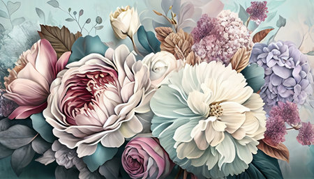 This is a beautiful digital wallpaper with a pastel color scheme featuring a bunch of flowers in a floral print, while the floral pattern adds a touch of elegance and beauty.の写真素材