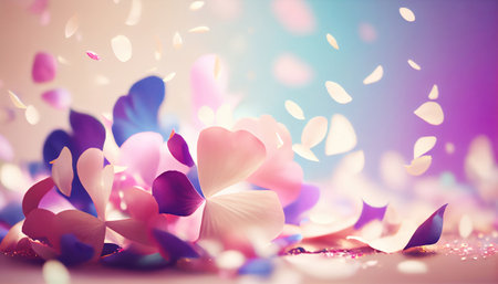This image depicts a colorful carnival atmosphere, with many flower petals falling in front of a pastel background with bokeh (blurred lights) in the background.の写真素材