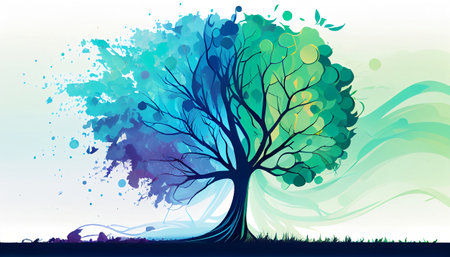 A gradient background that transitions from green to blue. The foreground of the image shows a tall tree with a lush green canopy, set against the gradient background.の写真素材